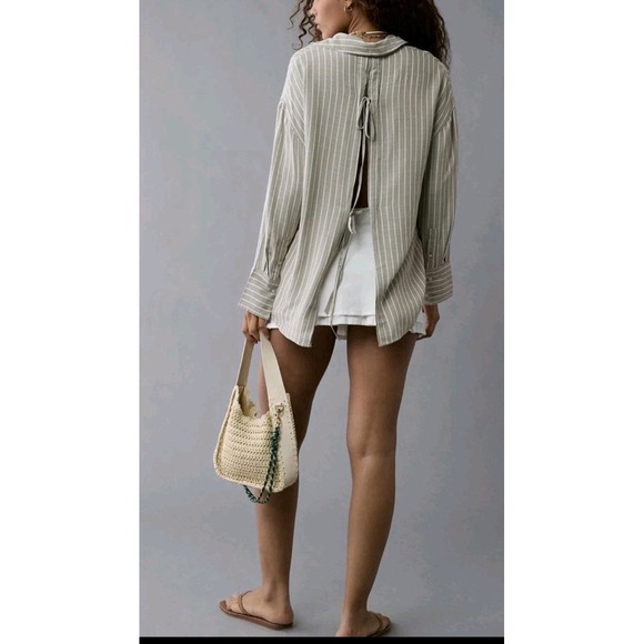 American Eagle Outfitters Tops - AE Long Sleeve Tie Back Buttonn Up Shirt Medium Striped Cotton Oversized Relaxed